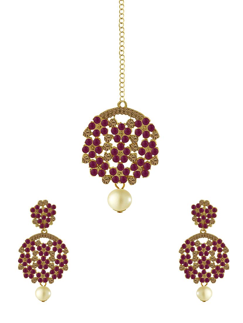 red metal drop earring maangtikka - 16605836 - Zoom Image - 1