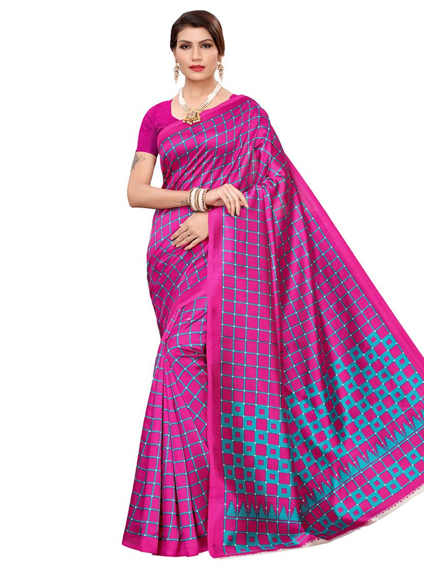 checkered printed saree with blouse - 16605858 - Zoom Image - 1