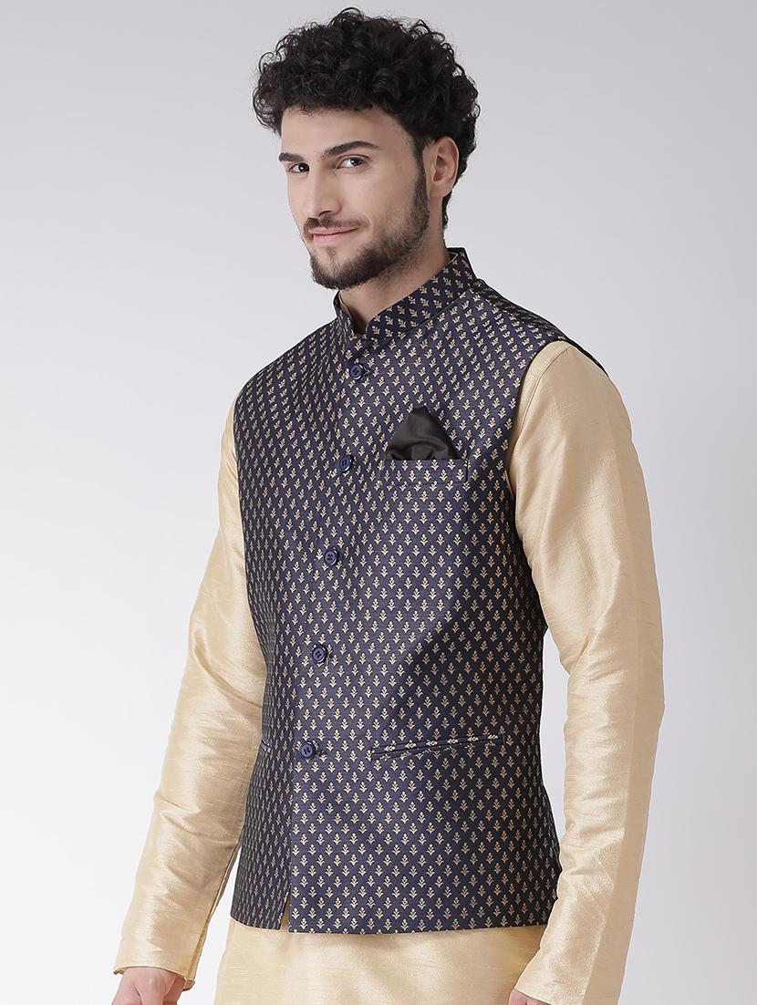 navy blue jacquard nehru jacket - 16608192 - Zoom Image - 2