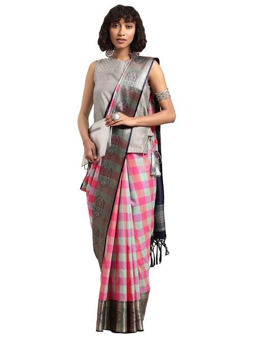 checkered kanjivaram saree with blouse - 16608808 - Standard Image - 1