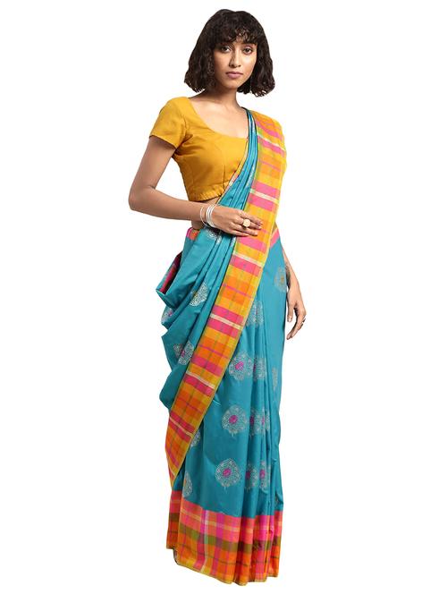 turquoise silk blend kanjivaram saree with blouse - 16608809 - Standard Image - 1