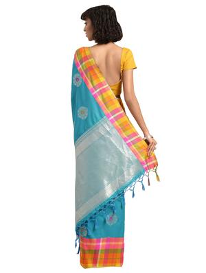 turquoise silk blend kanjivaram saree with blouse - 16608809 - Standard Image - 2