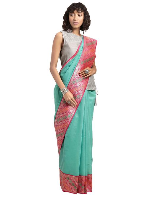 turquoise cotton silk banarasi saree with blouse - 16608825 - Standard Image - 1