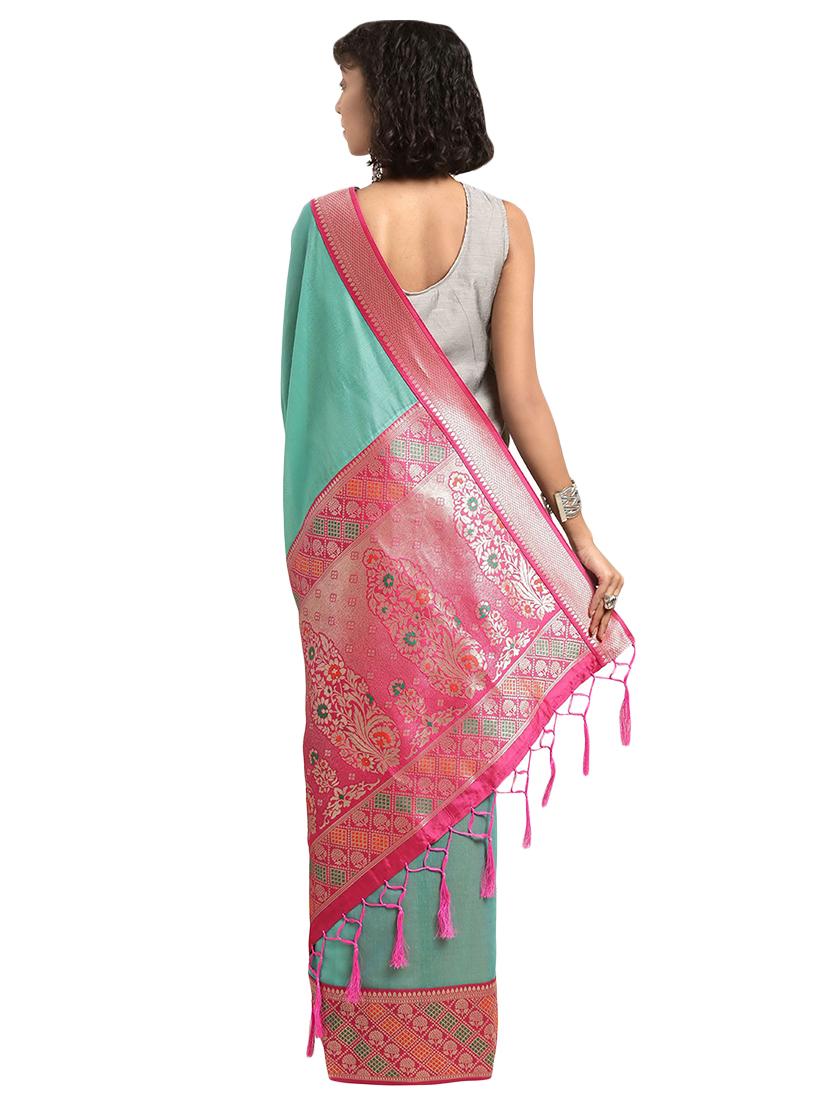 turquoise cotton silk banarasi saree with blouse - 16608825 - Zoom Image - 2