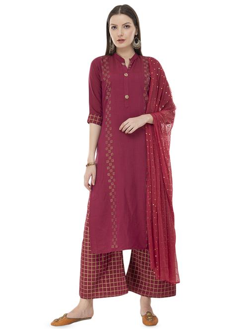 foil printed kurta palazzo with dupatta set - 16609033 - Standard Image - 1