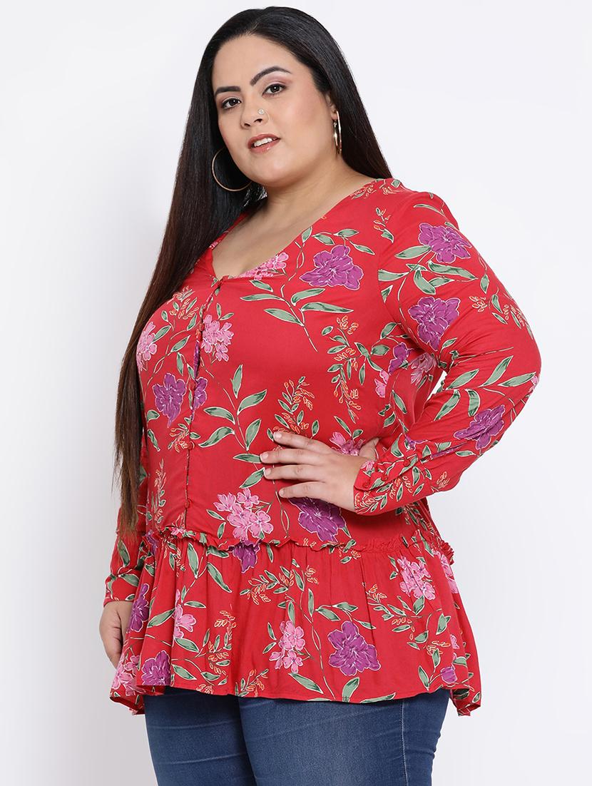 v neck ruffled floral plus top - 16612003 - Zoom Image - 2