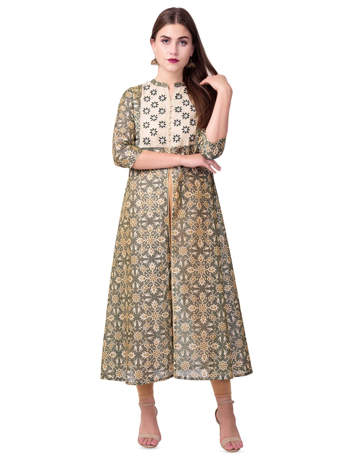 embroidered front slit chanderi a-line kurta - 16612617 - Zoom Image - 1