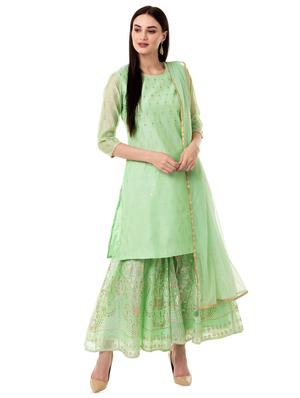 embellished chanderi kurti with sharara and duppatta set - 16612637 - Standard Image - 2