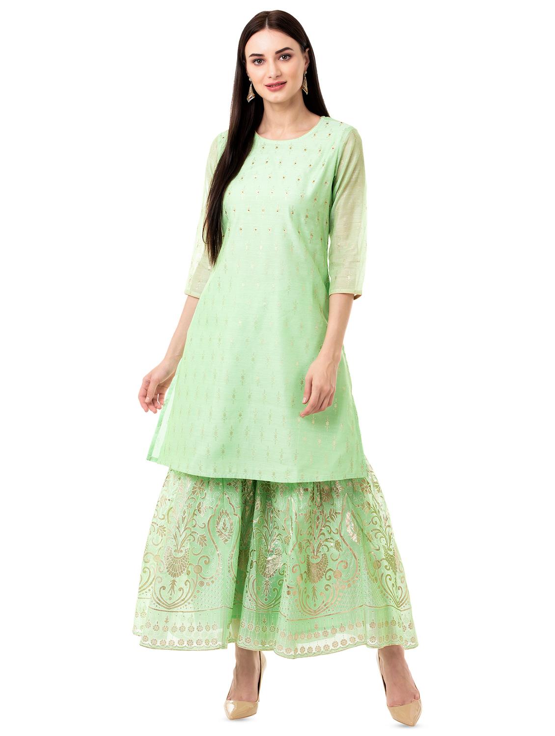 embellished chanderi kurti with sharara and duppatta set - 16612637 - Zoom Image - 1