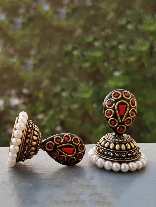 red gold tone jhumka earring - 16613595 - Standard Image - 1