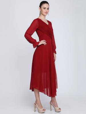 v neck flute sleeved asymmetric dress - 16613804 - Standard Image - 2