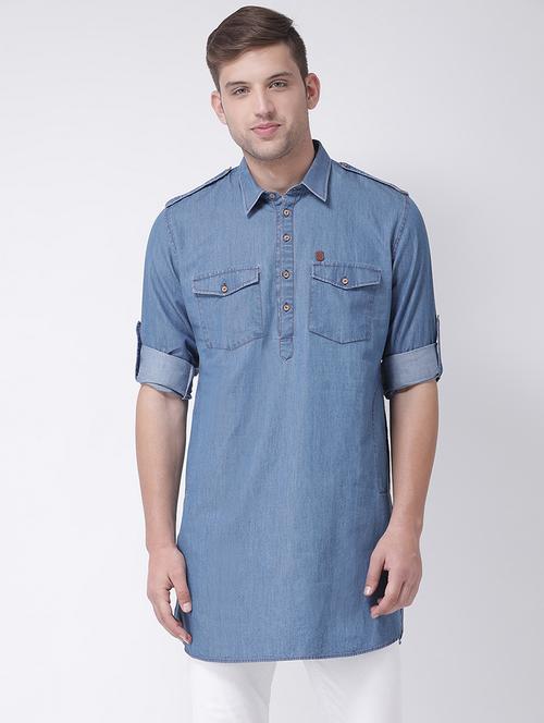 blue solid medium length kurta - 16614046 - Standard Image - 1
