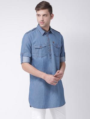 blue solid medium length kurta - 16614046 - Standard Image - 2