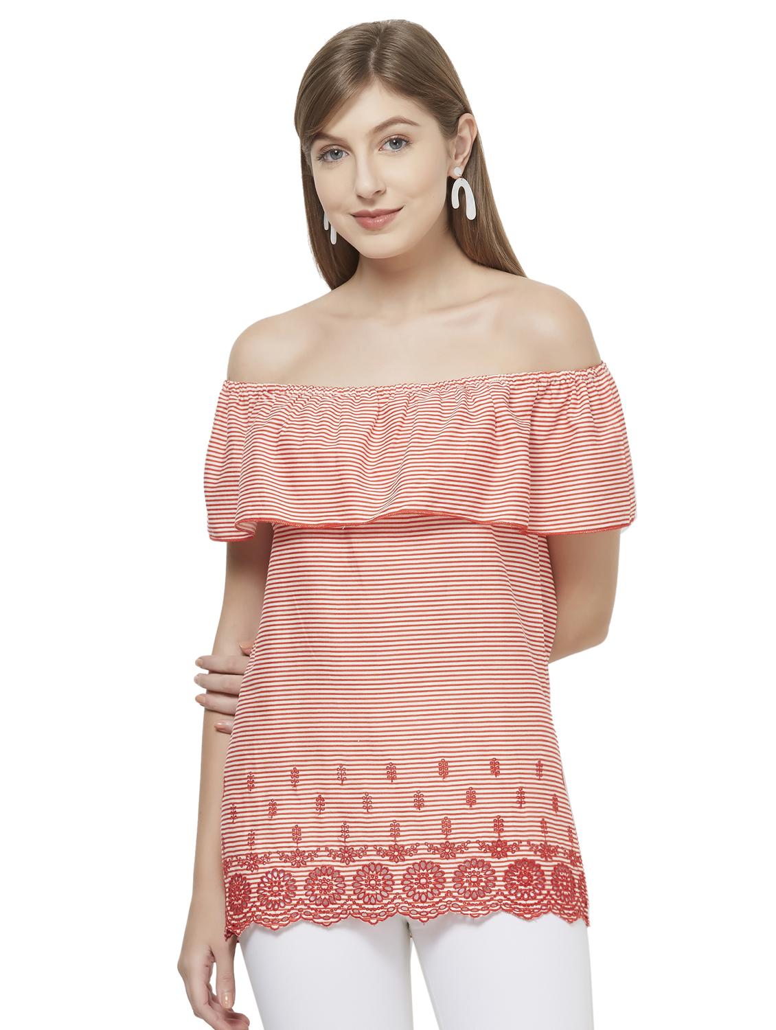 off shoulder striped schiffli top - 16614102 - Zoom Image - 1