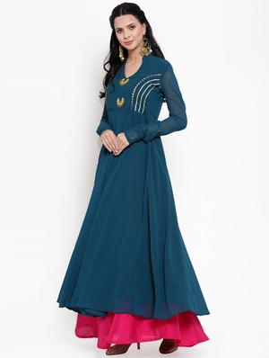 gota work solid flared kurta - 16618073 - Standard Image - 2