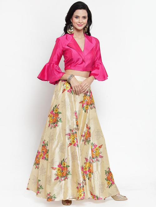 solid blouse with floral flared lehenga - 16618124 - Standard Image - 1