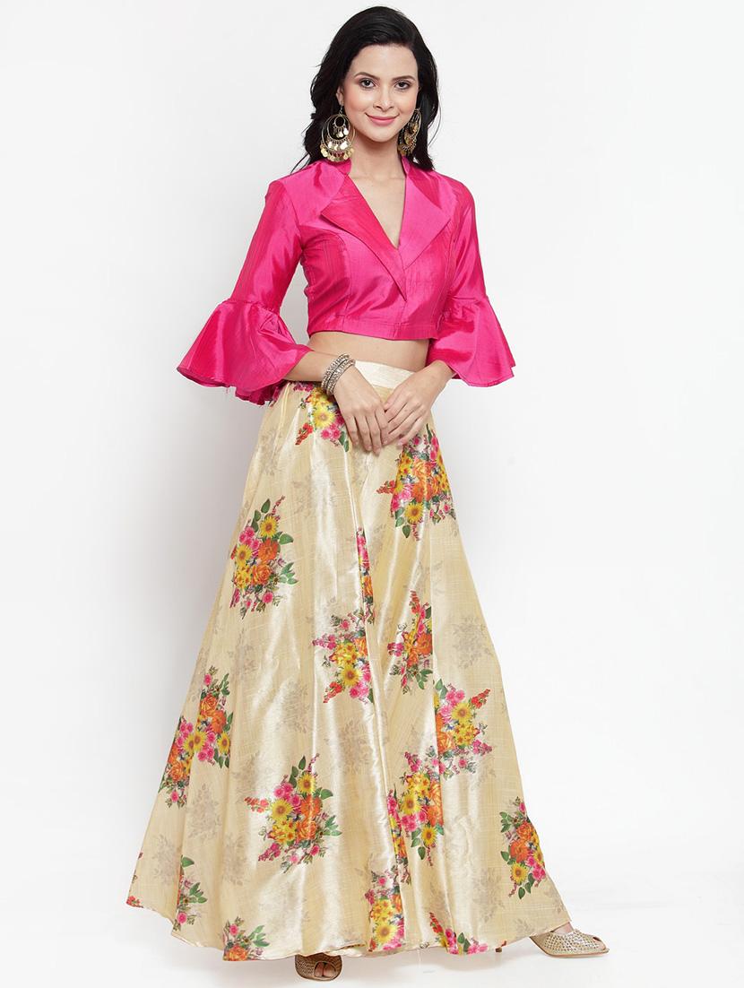 solid blouse with floral flared lehenga - 16618124 - Zoom Image - 1