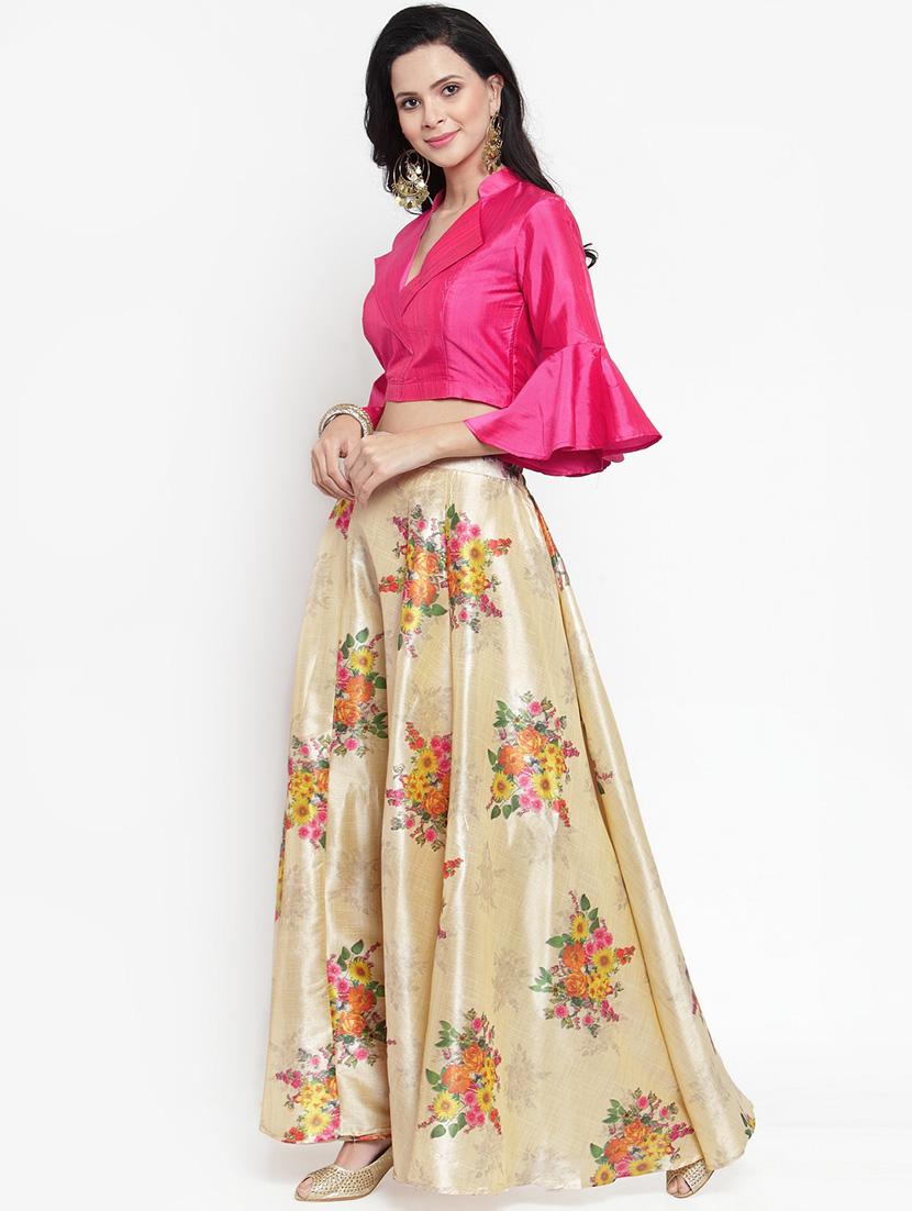 solid blouse with floral flared lehenga - 16618124 - Zoom Image - 2