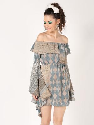 off shoulder asymmetric bell sleeved dress - 16618849 - Standard Image - 2