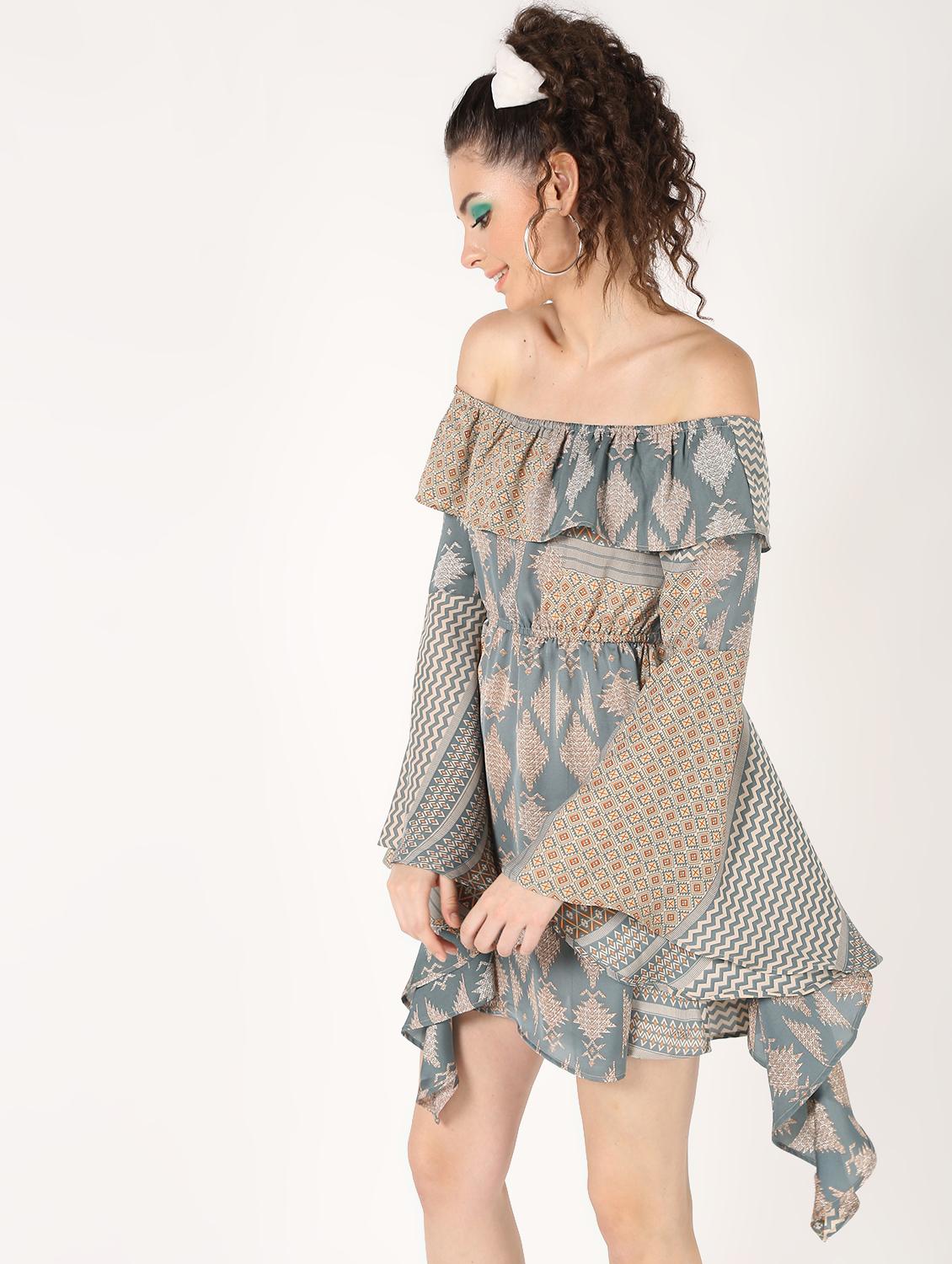off shoulder asymmetric bell sleeved dress - 16618849 - Zoom Image - 1