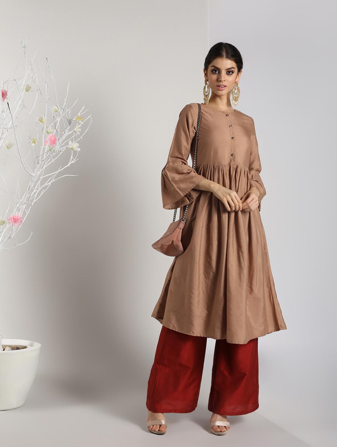 solid flared kurta with palazzo set - 16619291 - Zoom Image - 1