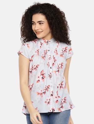mandarin neck pleated floral top - 16619344 - Standard Image - 2