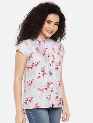 mandarin neck pleated floral top - 16619344 - Standard Image - 3