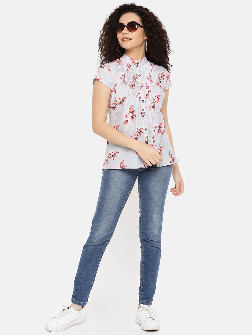 mandarin neck pleated floral top - 16619344 - Zoom Image - 1