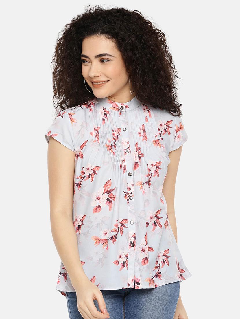 mandarin neck pleated floral top - 16619344 - Zoom Image - 2