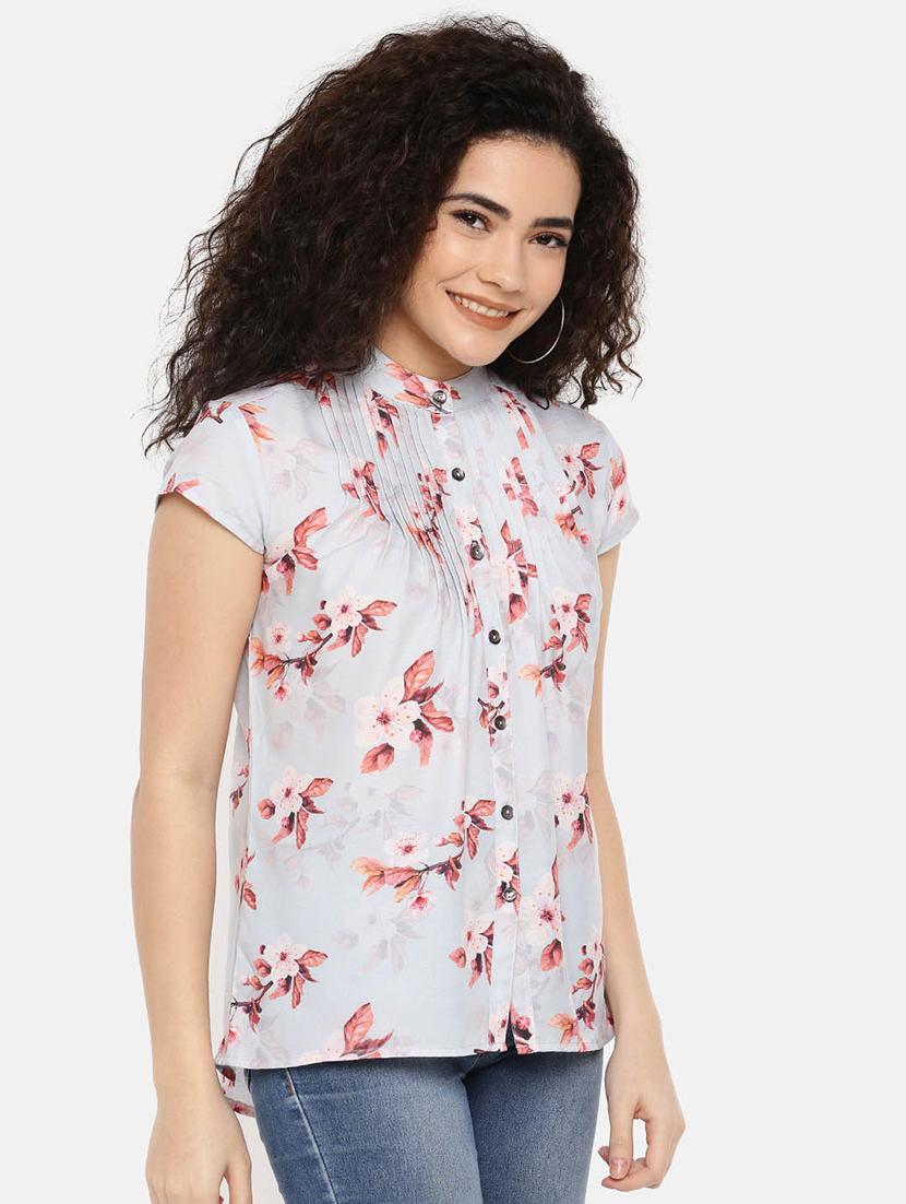mandarin neck pleated floral top - 16619344 - Zoom Image - 3