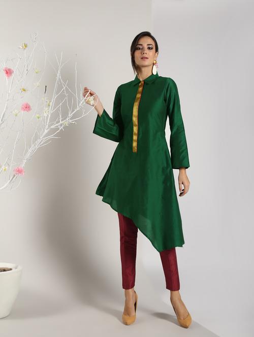 asymmetric solid kurta with pant set - 16619455 - Standard Image - 1