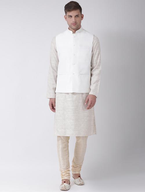 beige printed kurta pyjama set with white solid nehru jacket - 16625227 - Standard Image - 1