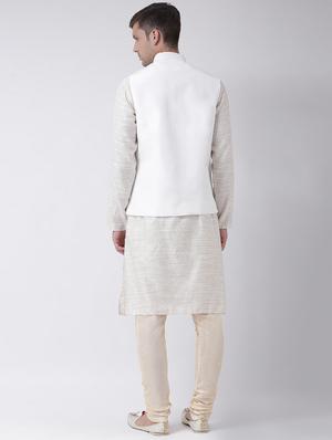 beige printed kurta pyjama set with white solid nehru jacket - 16625227 - Standard Image - 3