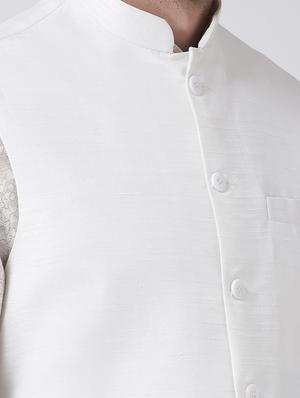 beige printed kurta pyjama set with white solid nehru jacket - 16625227 - Standard Image - 4
