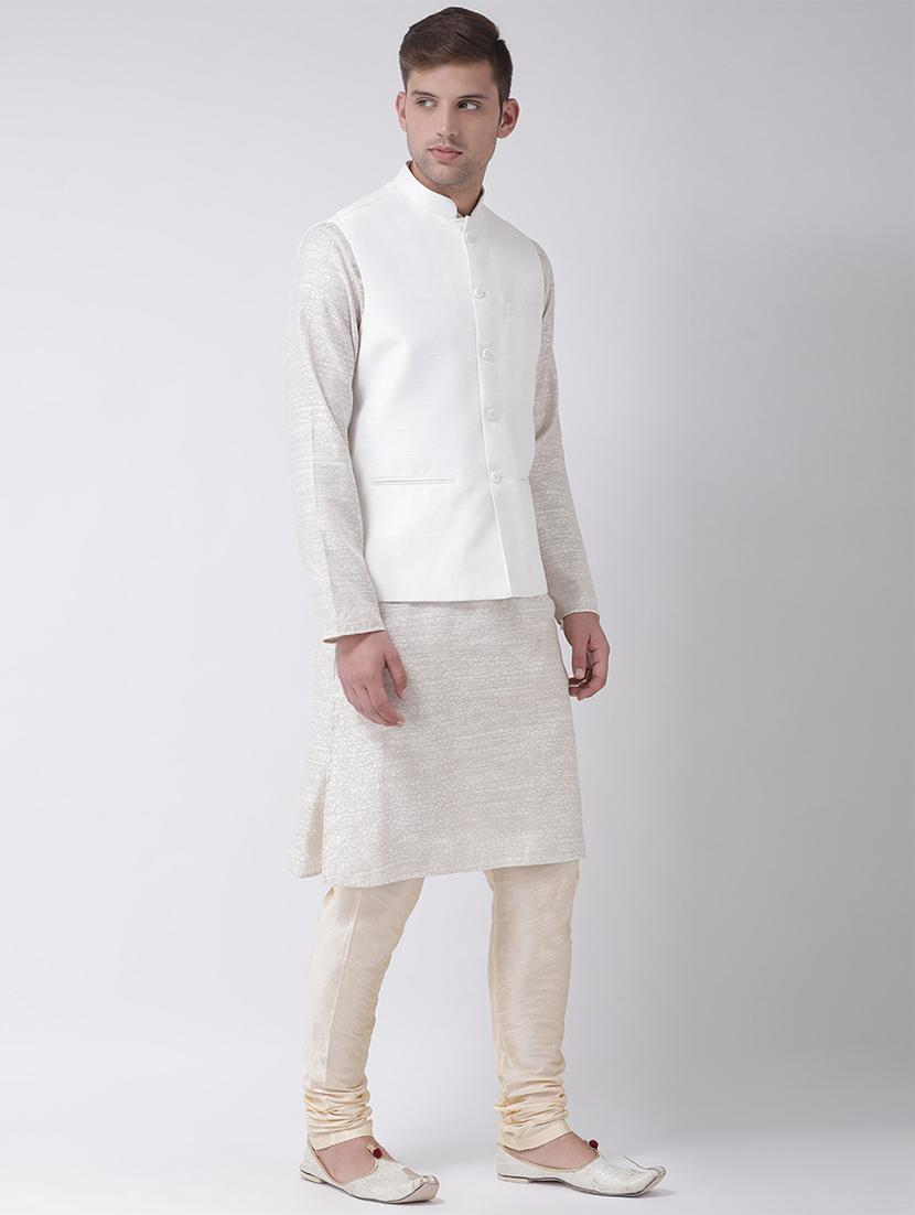 beige printed kurta pyjama set with white solid nehru jacket - 16625227 - Zoom Image - 2