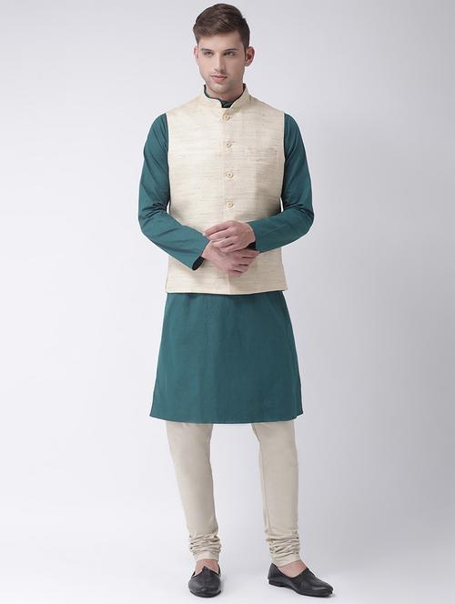 blue solid kurta pyjama set with beige solid pure silk nehru jacket - 16625231 - Standard Image - 1