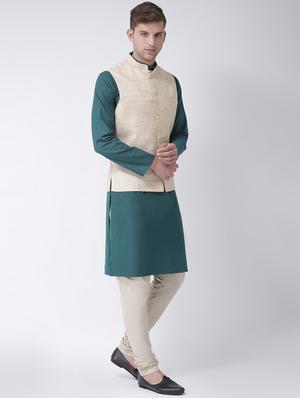 blue solid kurta pyjama set with beige solid pure silk nehru jacket - 16625231 - Standard Image - 2