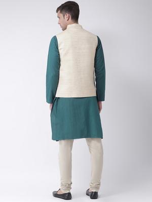 blue solid kurta pyjama set with beige solid pure silk nehru jacket - 16625231 - Standard Image - 3