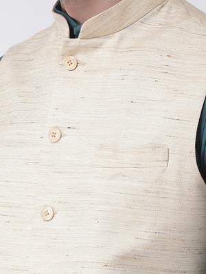 blue solid kurta pyjama set with beige solid pure silk nehru jacket - 16625231 - Standard Image - 4