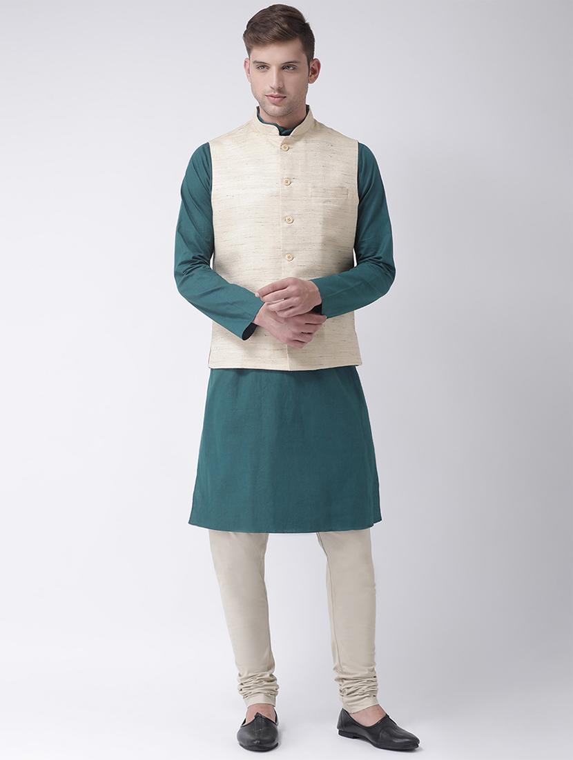 blue solid kurta pyjama set with beige solid pure silk nehru jacket - 16625231 - Zoom Image - 1
