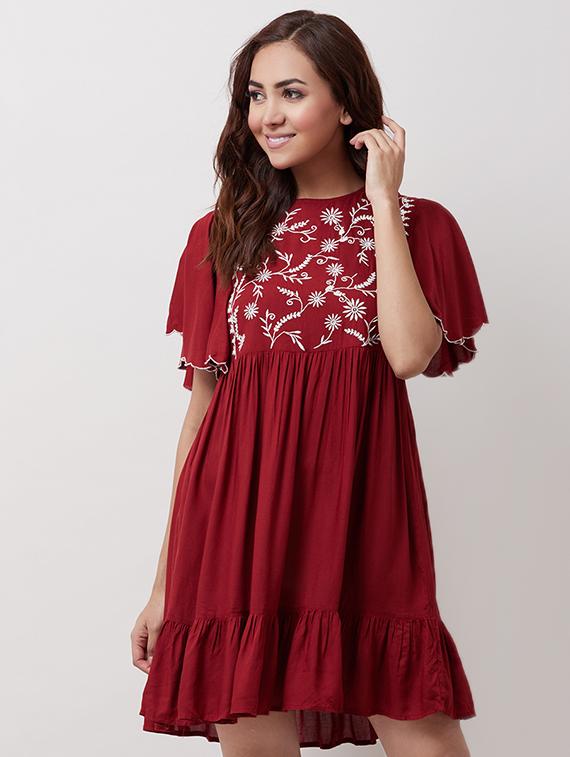 bell sleeved floral embroidered a-line dress - 16631882 - Zoom Image - 1
