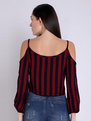 cold shoulder tie knot striped crop top - 16631894 - Standard Image - 3