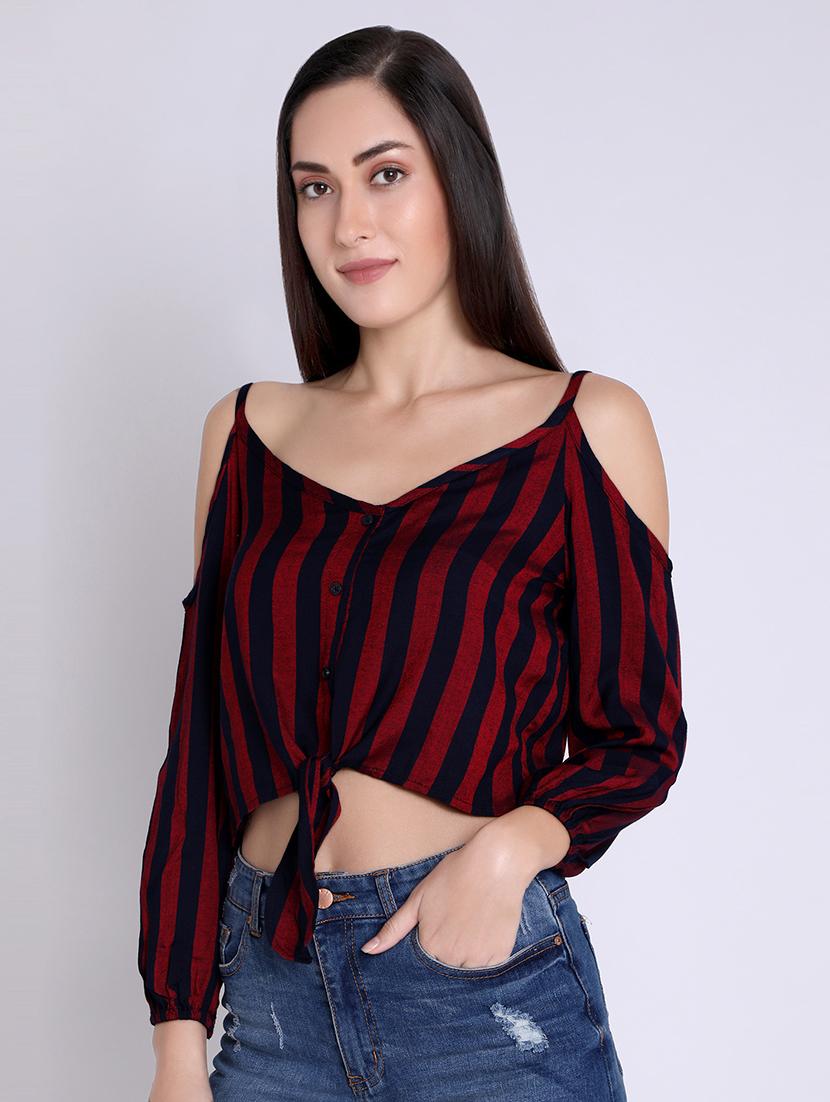 cold shoulder tie knot striped crop top - 16631894 - Zoom Image - 2