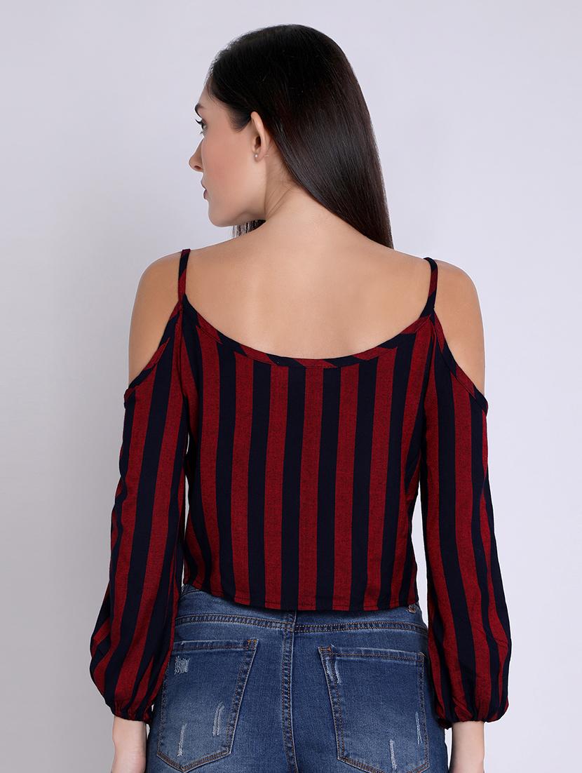 cold shoulder tie knot striped crop top - 16631894 - Zoom Image - 3