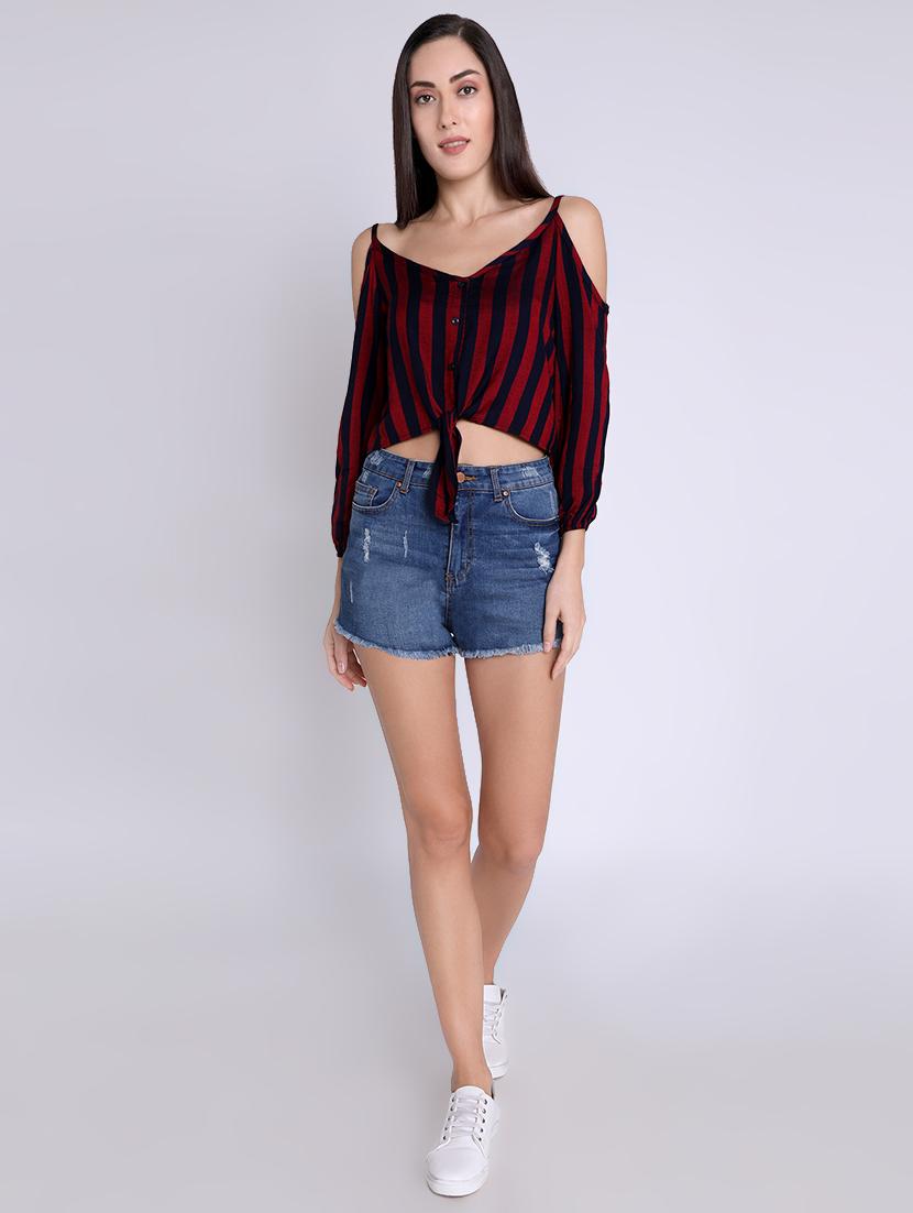 cold shoulder tie knot striped crop top - 16631894 - Zoom Image - 4