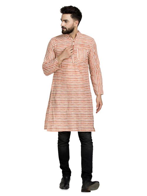 orange striped long kurta - 16632040 - Standard Image - 1