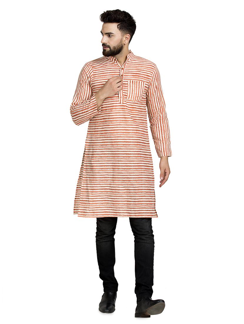 orange striped long kurta - 16632040 - Zoom Image - 1