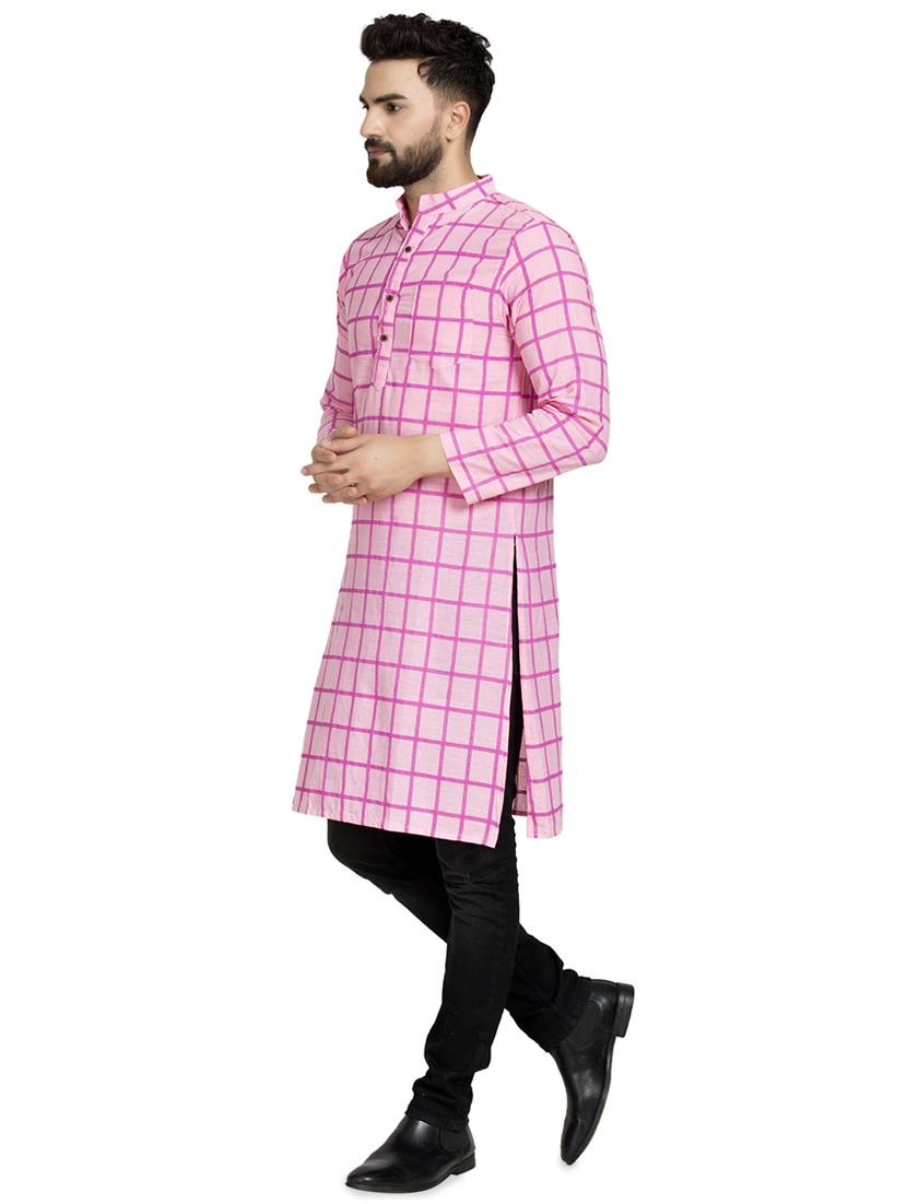 pink checkered long kurta - 16632042 - Zoom Image - 2