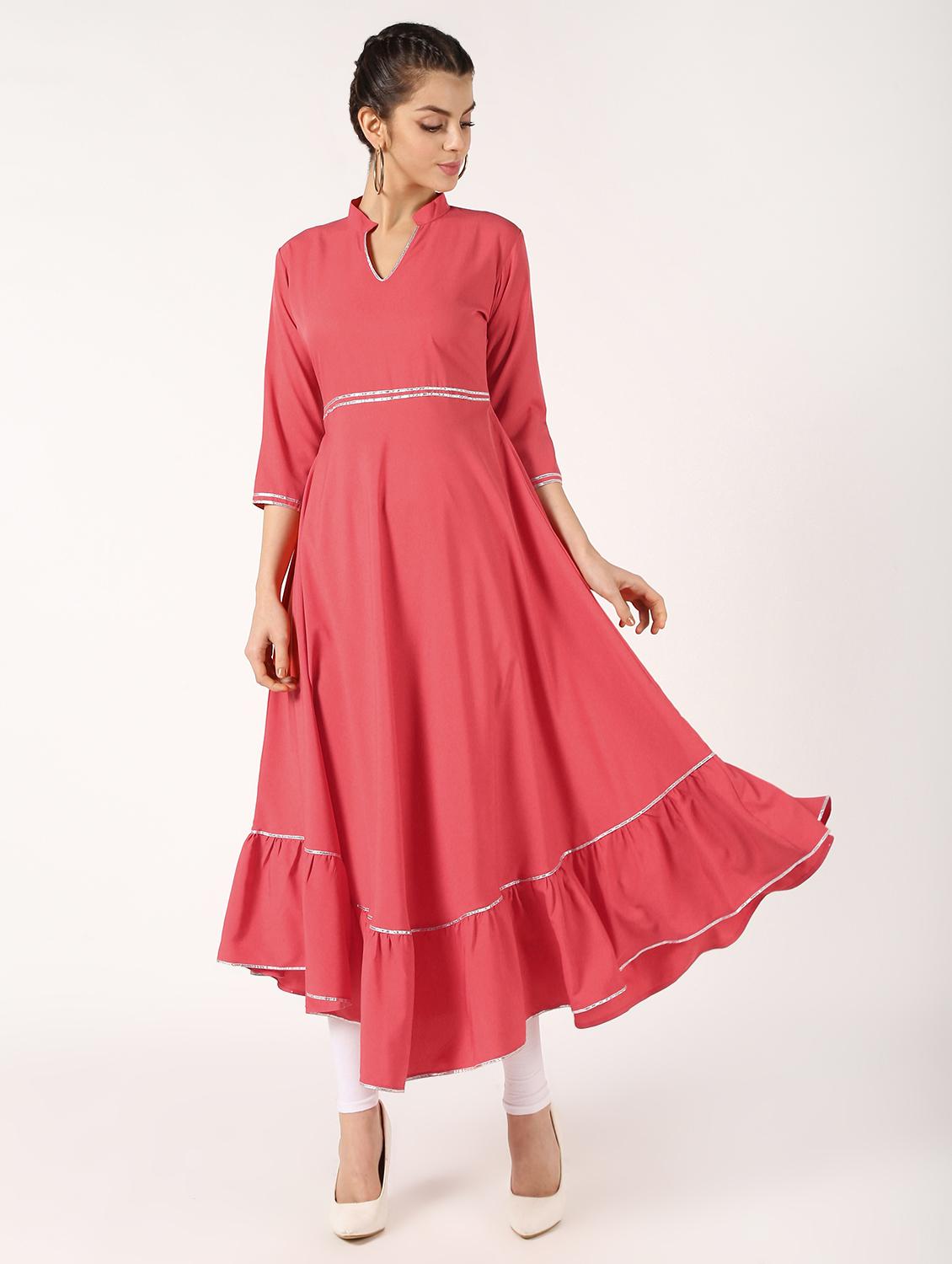solid gota work flared kurta - 16632742 - Zoom Image - 1