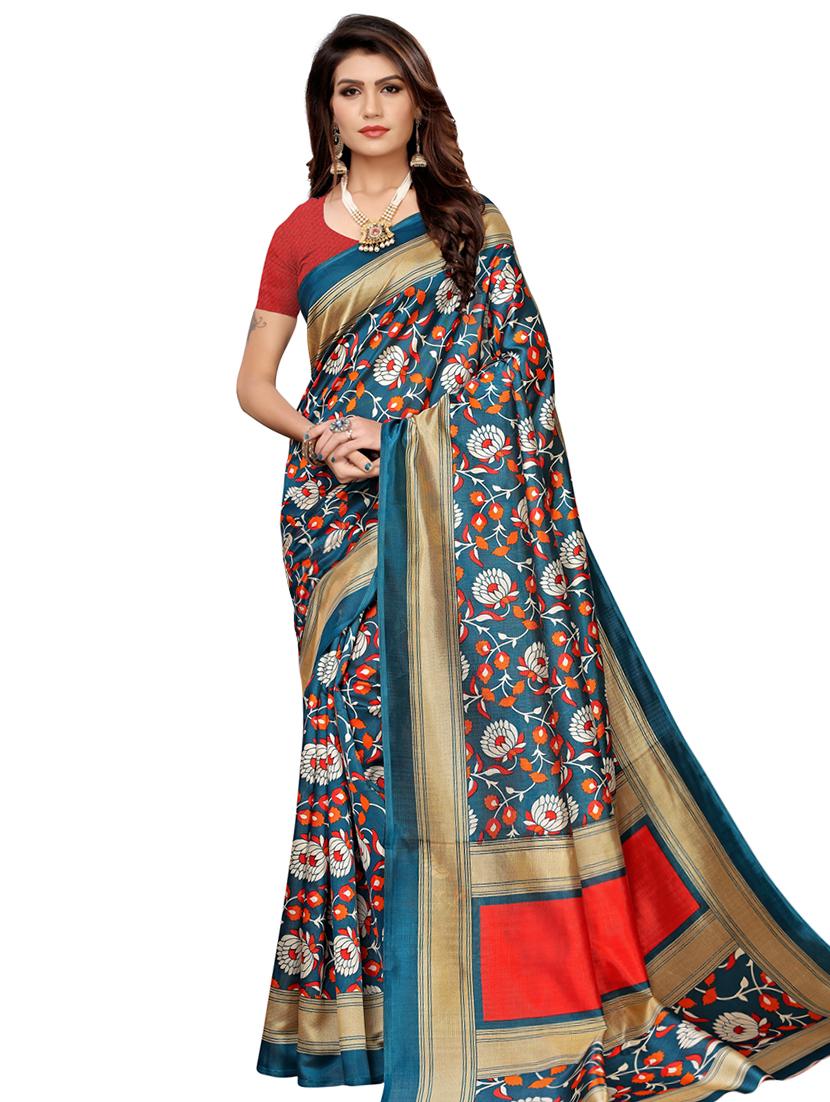 turquoise art silk printed saree with blouse - 16633360 - Zoom Image - 1